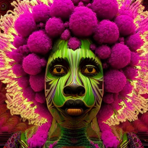 Image similar to symmetry!!, an african marijuanna shaman with an afro made of flowers, third eye art art by machina infinitum, complexity from simplicity, rendered in octane, mandelbulb 3 d, ambient occlusion, macro photography, felt!!! texture, tribal, neon! retrowave