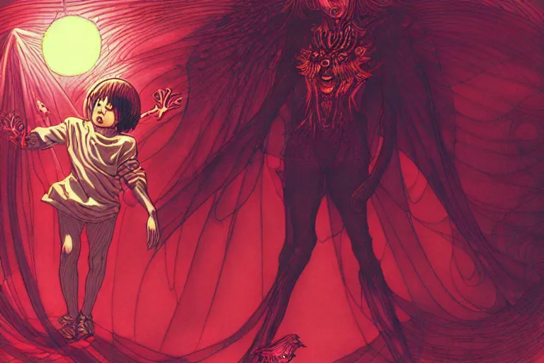 Image similar to digital illustration of a child summoning an occult spectral demon, in the style of moebius, ayami kojima, 9 0's anime, retro fantasy