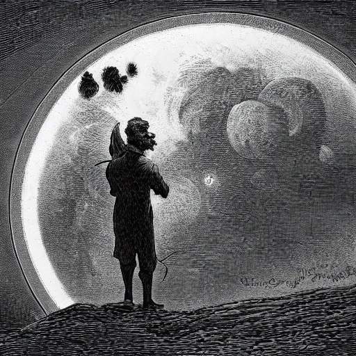 Prompt: pig in a tuxedo in front of the moon, dark clouds, high detail, dramatic light, illustration by gustave dore