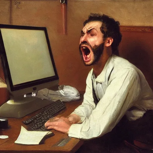 Image similar to an angry man yells at his computer monitor, oil on canvas, 1 8 8 3, highly detailed