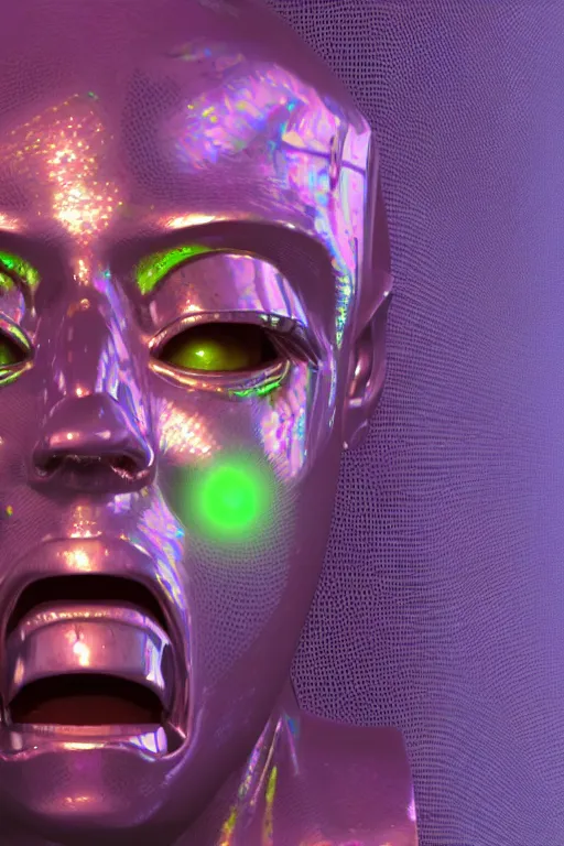 Image similar to 3d render of holographic angry human robotic screaming angry bust made of glossy iridescent, screaming, bust, surrealistic 3d illustration of a human non-binary, non binary model, 3d model human, cryengine, made of holographic texture, holographic material, holographic rainbow, concept of cyborg and artificial intelligence