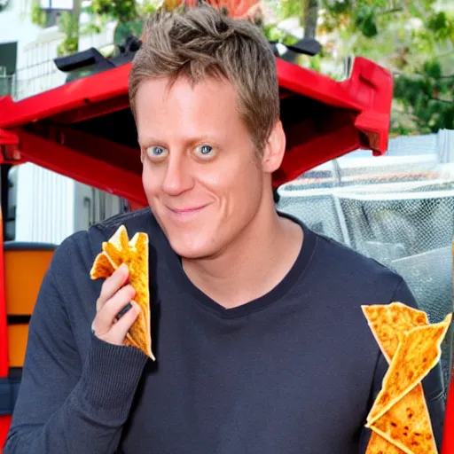 Image similar to geoff keighley eating doritos while dumpster diving