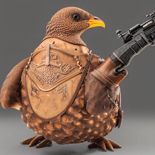 Image similar to a 3 d model of a grouse holding a blunderbuss, studio lighting, octane render, hyper detailed, product photography, 8 k, highly detailed