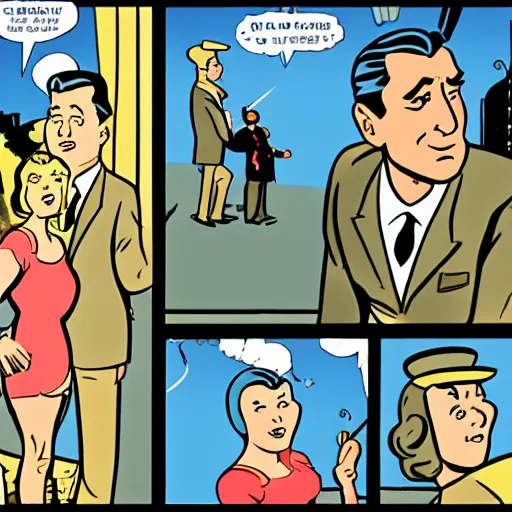 Image similar to A comic panel with Cary Grant in the style of Hergé