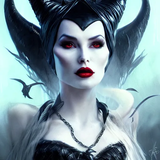 Image similar to kerli koiv as maleficent, darkwave, darksynth, concept headshot art, sharp, digital matte painting, art by luis royo, greg rutkowski, wlop, dramatic lighting, trending on artstation