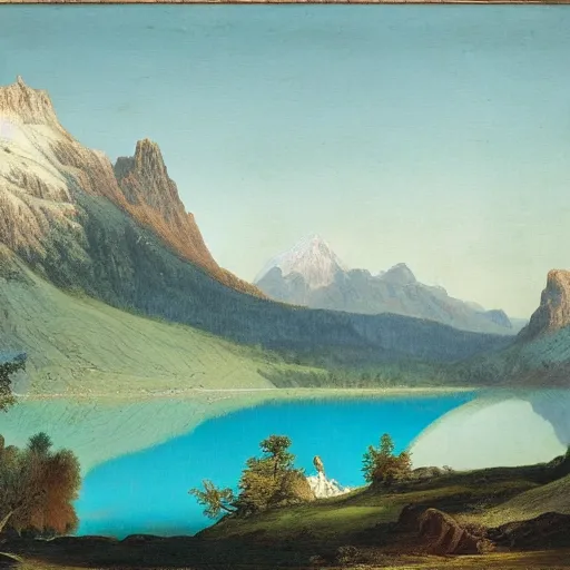 Image similar to a turquoise placid lake in the foreground with a towering mountain in the background, Carl Friedrich