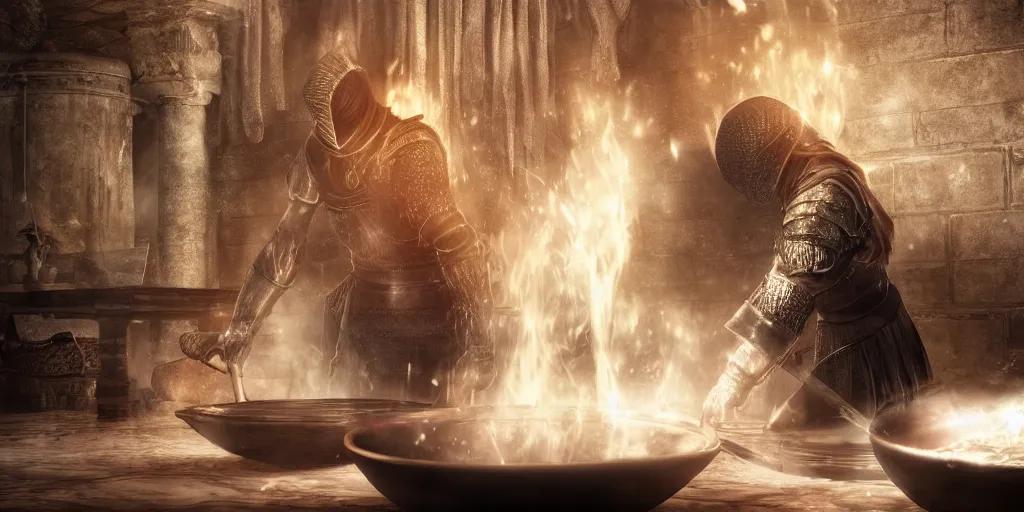 Image similar to The Firekeeper of Dark Souls 3 washing dishes in a traditional kitchen setting, digital art, 4K, ultra-realistic