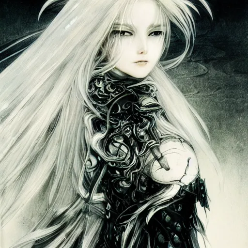 Image similar to Yoshitaka Amano realistic illustration of an anime girl with wavy white hair and cracks on her face wearing Elden ring armour with the cape fluttering in the wind, abstract black and white patterns on the background, noisy film grain effect, highly detailed, Renaissance oil painting, weird portrait angle