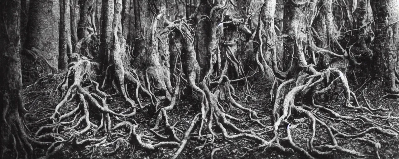 Image similar to 1920s photography of occult humanlike root creatures creeping and lurking in dark forest in the dolomites