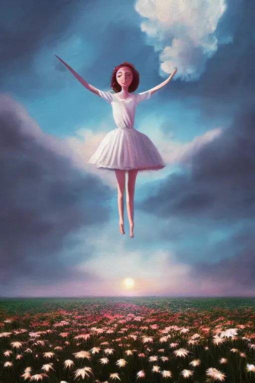 Image similar to giant white daisy flower head, girl dancing in a flower field, surreal photography, sunrise, dramatic light, impressionist painting, colorful clouds, digital painting, artstation, simon stalenhag
