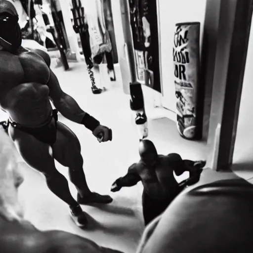 Image similar to POV of a masked bodybuilder grabbing you, award winning photo