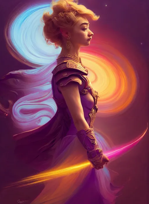 Image similar to side portrait, imogen poots, paladin, gloomhaven, soft, smooth, luminescent, colorful swirly ripples, gaudy colors, 8 k, by greg manchess, huang guangjian, gil elvgren, sachin teng, greg rutkowski, jesper ejsing, rhads, ilya kuvshinov, cushart krenz