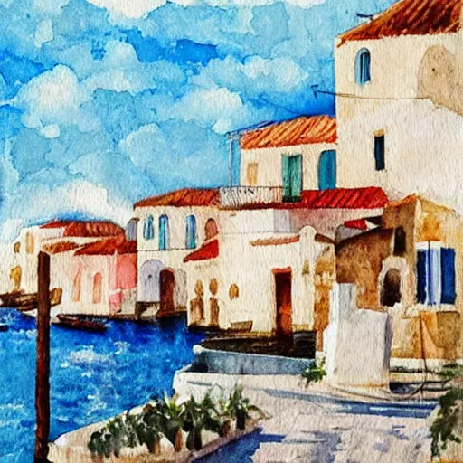 Prompt: old greek town by the sea on a hot summer day, watercolor painting, morandi color palette, very beautiful masterpiece by a very talented artist, extremely detailed stunning, dreamy, melancholy , poetic, nostalgic