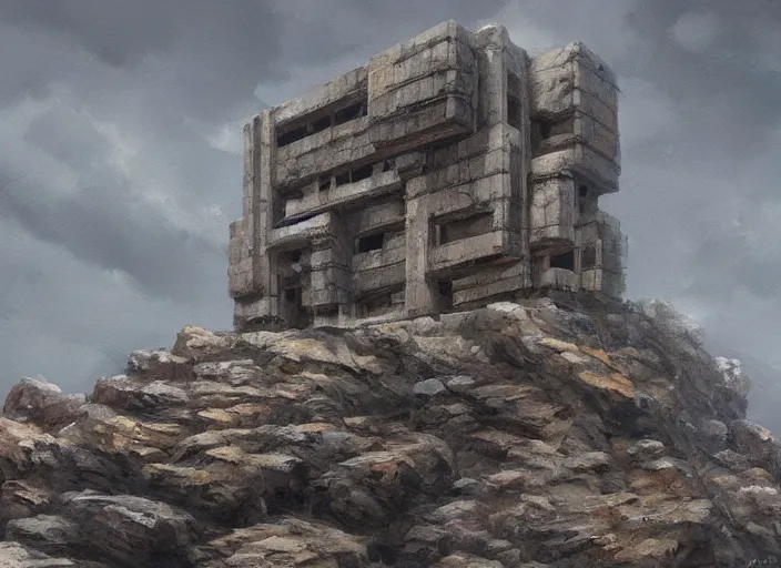 Image similar to concept art of brutalist big house on cliffs, hard rocks, oil painting by jama jurabaev, extremely detailed, brush hard, artstation, for aaa game, high quality, brush stroke