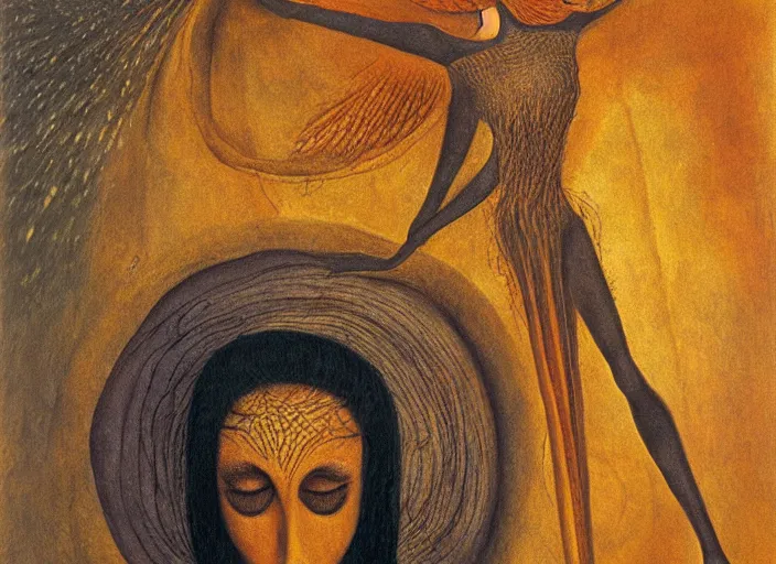 Image similar to a shaman woman holding up the universe, by remedios varo, reflection, symbolist, soft colors, dramatic lighting, smooth, sharp focus, extremely detailed, aesthetically pleasing composition