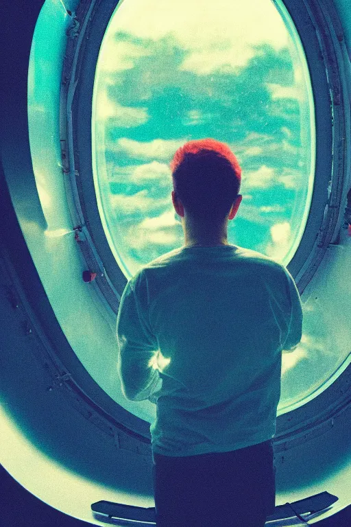 Image similar to agfa vista 4 0 0 photograph of a guy in a spaceship looking out a window into space, back view, synth vibe, vaporwave colors, lens flare, moody lighting, moody vibe, telephoto, 9 0 s vibe, blurry background, grain, tranquil, calm, faded!,