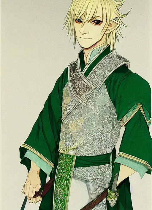 Image similar to half body portrait of a handsome blonde elf male diplomat in green and sliver tunic. detailed, wearing kimono armour, by conrad roset, takato yomamoto, jesper ejsing, masamune shiro