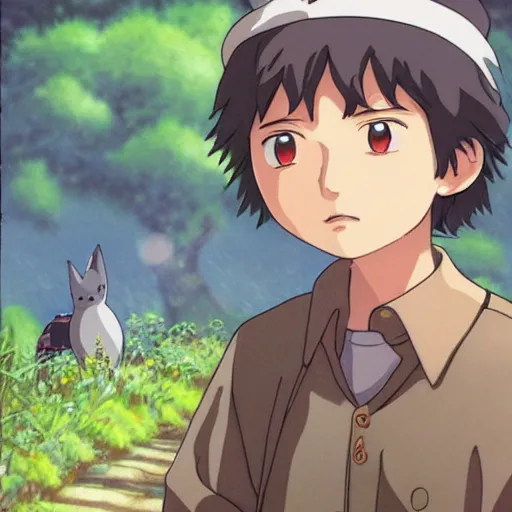 Image similar to friendly guy and small creature , with Fragile looking character portrait face, detailed face, made by Studio Ghibli highly detailed art, beautiful scene, sharp focus, smooth, 8k, anime art