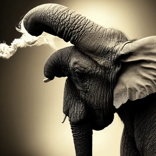 Image similar to ultra realistic photography, picture of ( subject : an elephant blowing smoke ). the scene is set in a gentlemens cigar lounge, a very smokey atmosphere, small thick clouds of cigar smoke, artstation, focus on the elephant, anatomically correct elephant features, extremely detailed and crisply sharp photo, hyperrealistic smoke, canon eos, 4 k