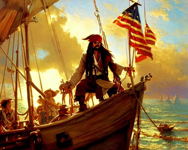 Prompt: jack sparrow sailing a ship, painting by gaston bussiere, craig mullins, j. c. leyendecker