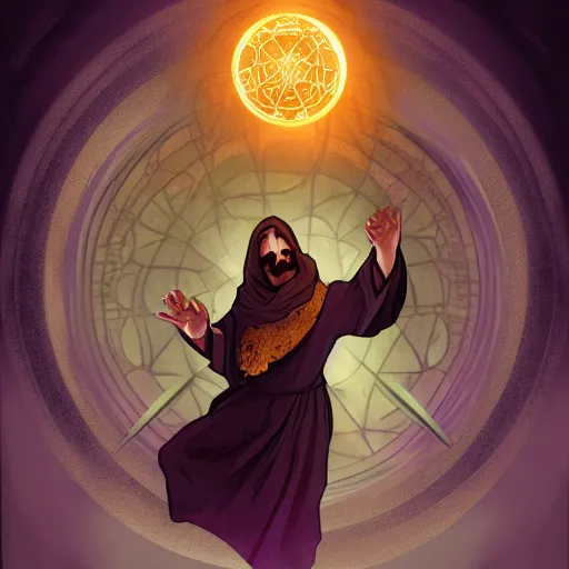 Image similar to a warlock is casting a magic spell, with magic orb floating in his hand , dynamic pose, natural lighting, medium level shot, Mucha style , Grim fantasy, illustration ,concept art,