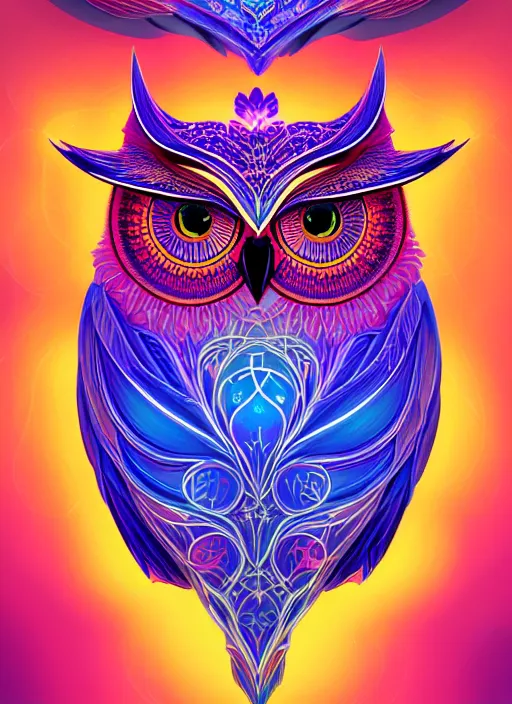 Image similar to symmetry!! product render poster vivid colors divine proportion owl, 神 圣, glowing fog intricate, elegant, highly detailed, digital painting, artstation, concept art, smooth, sharp focus, illustration,