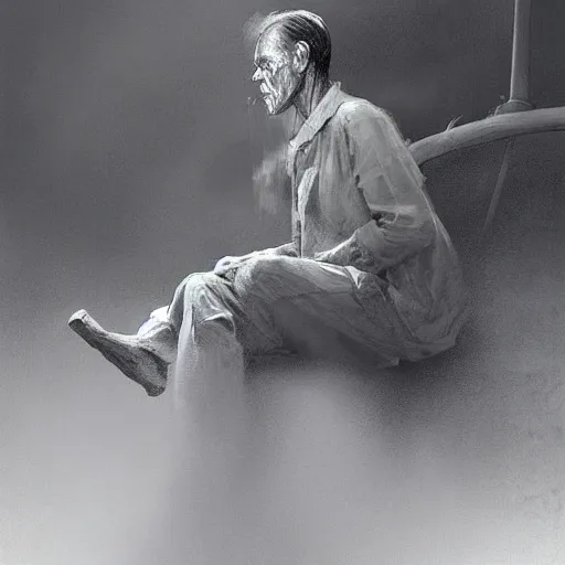 Image similar to a highly detailed epic cinematic concept art CG render digital painting artwork costume design: Henry Fonda as a 1950s tired disillusioned poet, barefoot, smoking a cigarette. volumetric lighting. By Greg Rutkowski, in the style of Francis Bacon and Syd Mead and Norman Rockwell and Beksinski, open ceiling, highly detailed, painted by Francis Bacon and Edward Hopper, painted by James Gilleard, surrealism, airbrush, Ilya Kuvshinov, WLOP, Stanley Artgerm, very coherent, triadic color scheme, realistic facial expression, art by Takato Yamamoto and James Jean