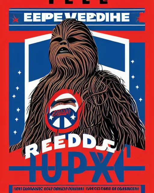 Image similar to chewbacca presidential election poster showing close up of chewbacca face red and blue duotone by sheperd fairey no text