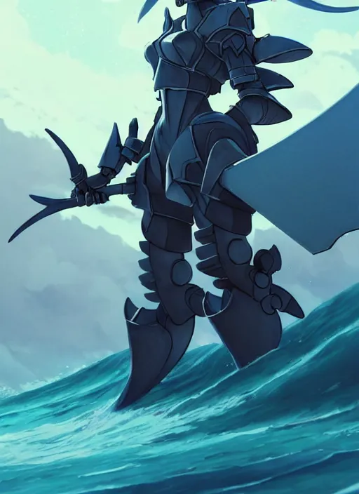 Image similar to close up of a mech armor witch holding a trident, extremely beautiful and aesthetic and detailed cute face and body, back shark fin, big wave horizon, specular reflection, occlusion shadow, dynamic pose, slightly smiling, blue sky, big blade whale and black giants minotaurus, fantasy illustrations, by makoto shinkai and peter mohrbacher and ferdinand knab