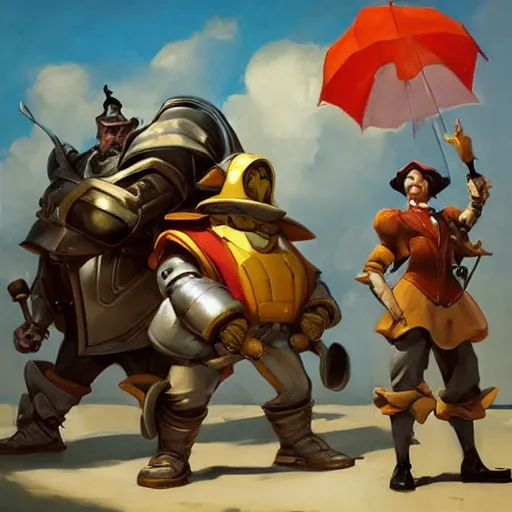 Image similar to greg manchess portrait painting of partially armored tweedles from alice in wonderland as overwatch character, medium shot, asymmetrical, profile picture, organic painting, sunny day, matte painting, bold shapes, hard edges, street art, trending on artstation, by huang guangjian, gil elvgren, ruan jia, randy vargas, greg rutkowski