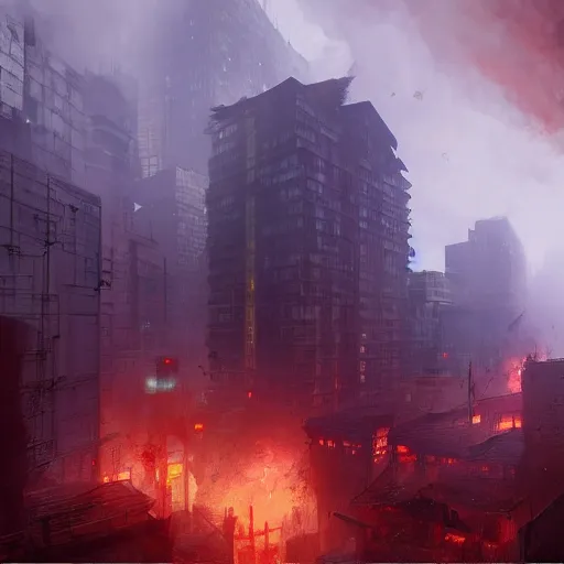 Prompt: city on fire greg rutkowski, digital art, volumetric fog, ue 4, ue 5, unreal engine 5,