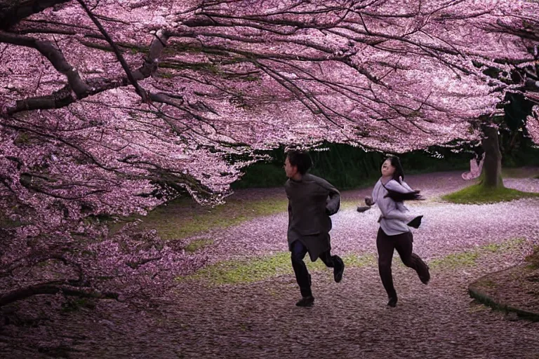 Image similar to vfx movie scene closeup japanese couple running through cherry blossom forest, natural lighting by emmanuel lubezki