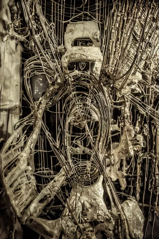 Prompt: close up, inside a museum, a room where body parts are piece of arts at night, filth and grim, wires and strings, very detailed, ultra realistic photography, grainy image, 50mm lens,