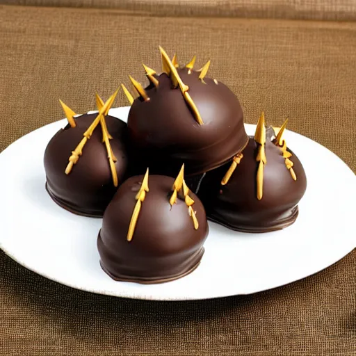 Image similar to Chocolate covered World War 2 naval contact mine with spikes, served on a plate, gourmet sweet