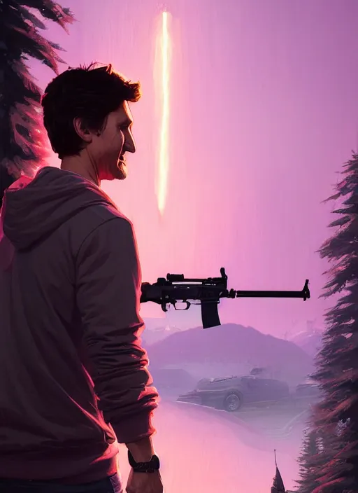 Image similar to highly detailed portrait justin trudeau in pink hoody holding ar - 1 5! in gta v stephen bliss unreal engine fantasy art by greg rutkowski loish rhads ferdinand knab makoto shinkai lois van baarle ilya kuvshinov rossdraws tom bagshaw global illumination radiant light detailed intricate environment