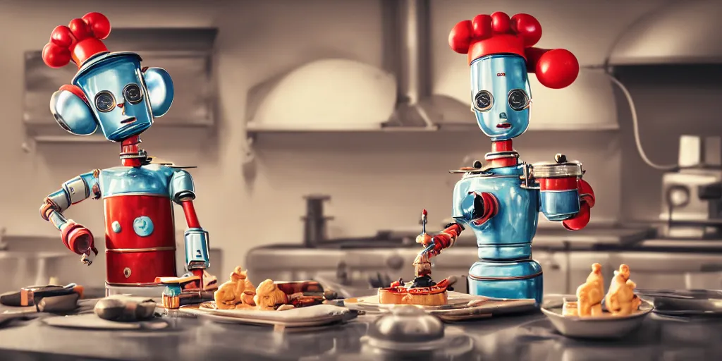 Image similar to closeup portrait of tin toy retro robot chef cooking pastry in a kitchen, depth of field, zeiss lens, detailed, centered, fashion photoshoot, by nicoletta ceccoli, mark ryden, lostfish, breathtaking, 8 k resolution, extremely detailed, beautiful, establishing shot, artistic, hyperrealistic, octane render