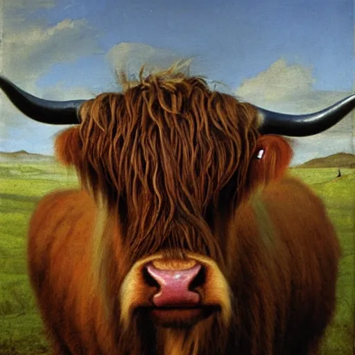 Image similar to oil portrait painting by hans holbein the elder of a highland cow.