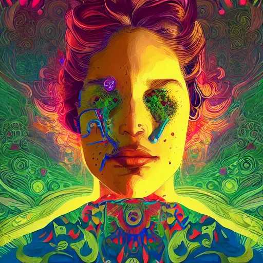 Image similar to An extremely psychedelic experience, colorful, surreal, dramatic lighting, cosmonaut, LSD, face, detailed, intricate, elegant, highly detailed, digital painting, artstation, concept art, smooth, sharp focus, illustration, art by Sam Spratt, Dan Mumford, Artem Demura and Alphonse Mucha