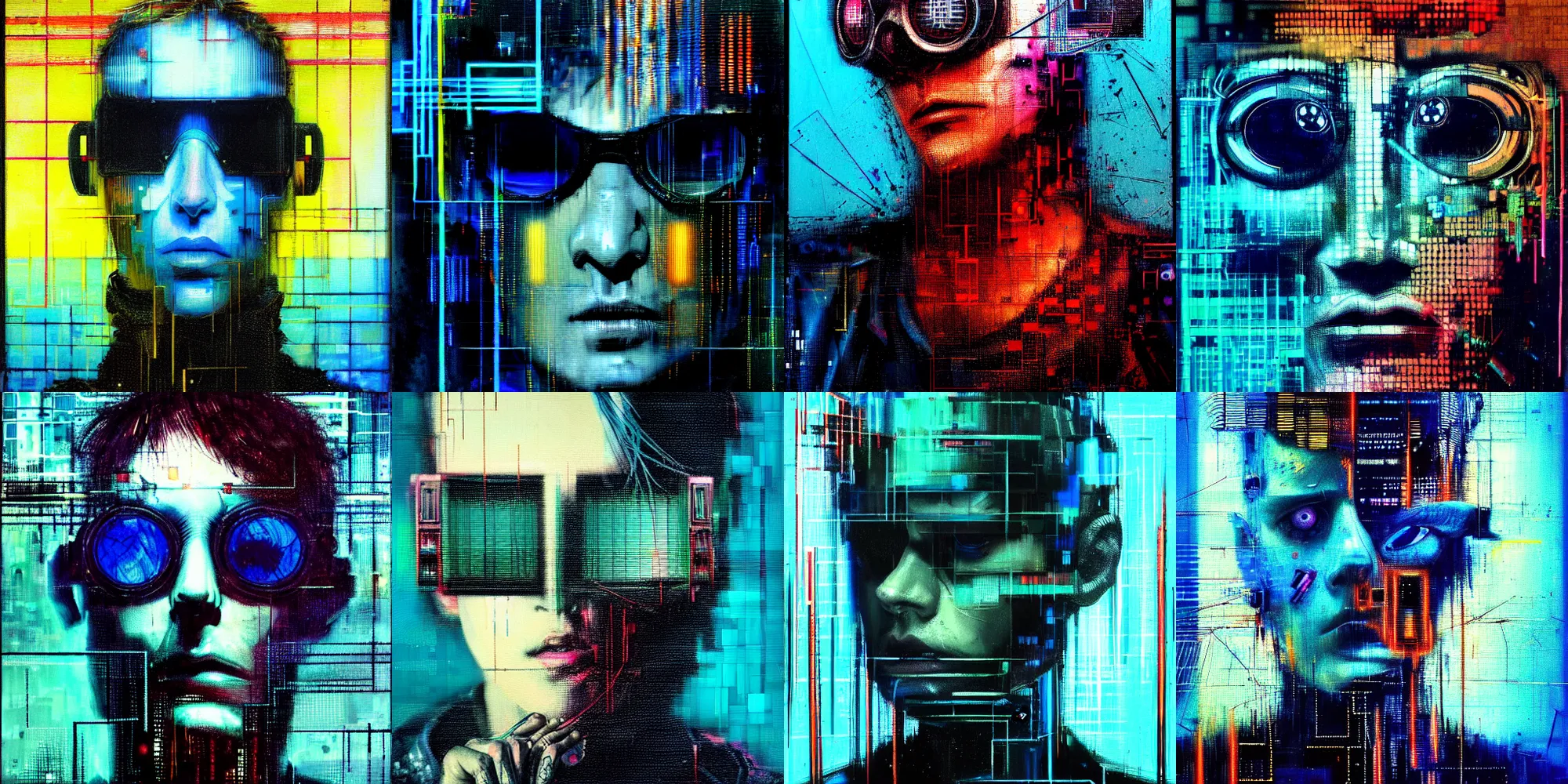 Prompt: hyperrealistic portrait of a cyberpunk character, by Guy Denning, Johannes Itten, Russ Mills, glitch art, glitch eyes, hacking effects, glitch effects, cybernetics, digital sunglasses, detailed lines, chromatic, color blocking, oil on canvas, highly detailed, artistic, front view, symmetrical, octane, concept art, abstract, deep blue, 8k, cinematic, trending on artstation