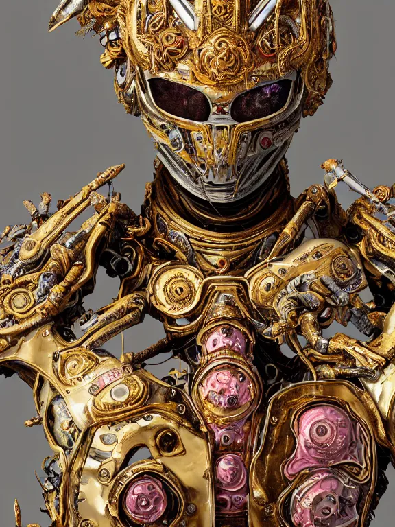 Image similar to portrait art of 8k ultra realistic golden eyed boy,intricate pink crown, detailed intricate ornate armour,decaying, cybernetic, full of colour, cinematic lighting, battered, trending on artstation, 4k, hyperrealistic, focused, extreme details,unreal engine 5, cinematic, masterpiece, art by ayami kojima, giger