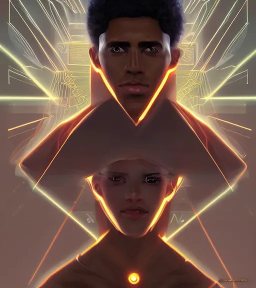 Image similar to symmetry!! egyptian prince of technology, solid cube of light, hard edges, product render retro - futuristic poster scifi, lasers and neon circuits, brown skin man egyptian prince, intricate, elegant, highly detailed, digital painting, artstation, concept art, smooth, sharp focus, illustration, dreamlike, art by artgerm