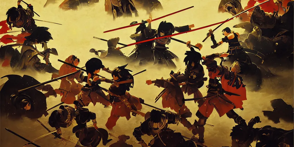 Image similar to baroque oil painting of key visual samurai battle, japanese armor, brutalist fantasy, realism, rule of thirds golden ratio, fake detail, trending pixiv fanbox, acrylic palette knife, style of makoto shinkai ghibli takashi takeuchi yoshiyuki sadamoto jamie wyeth james gilleard greg rutkowski chiho aoshima