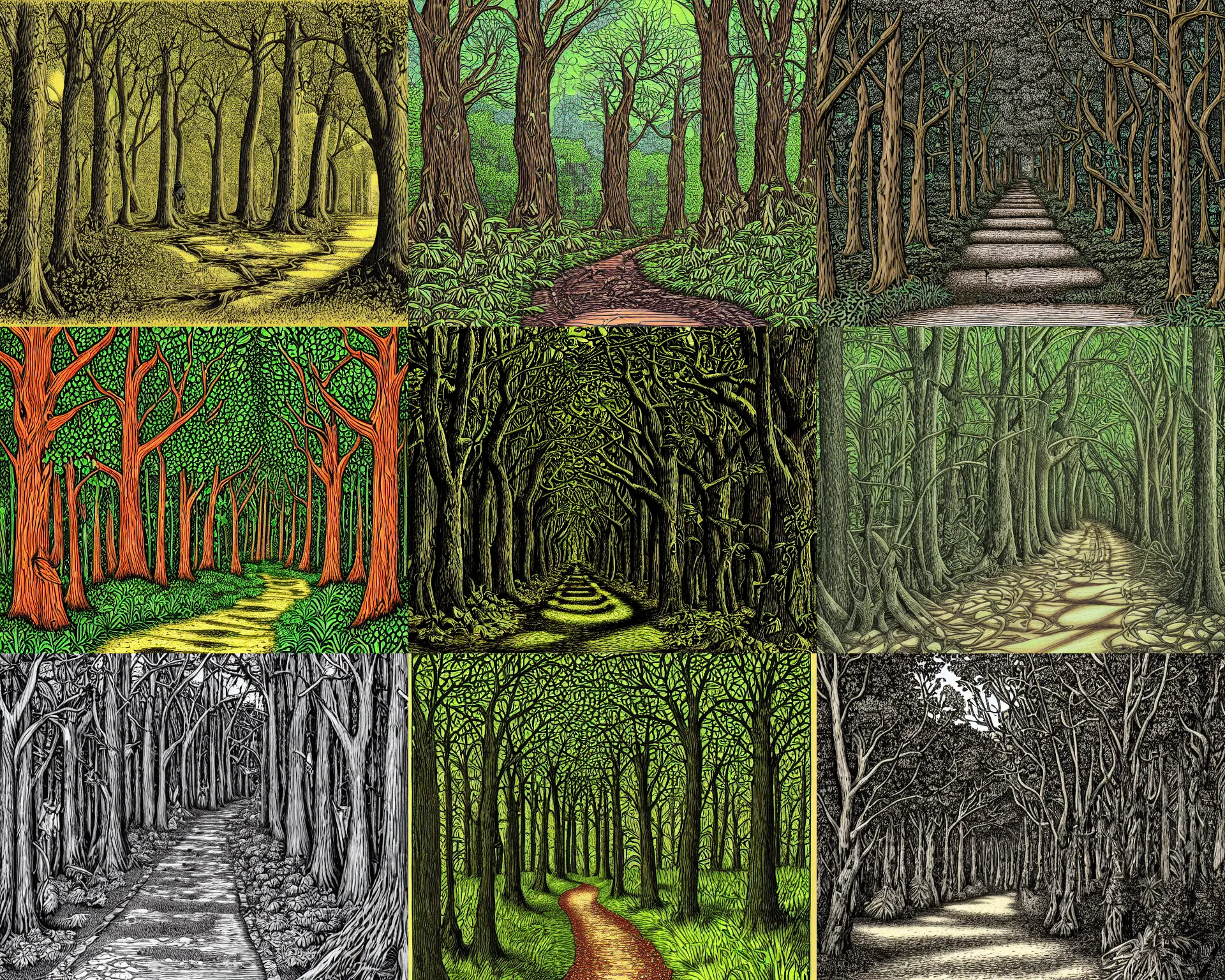 Prompt: shaded forest path, illustration by Emek