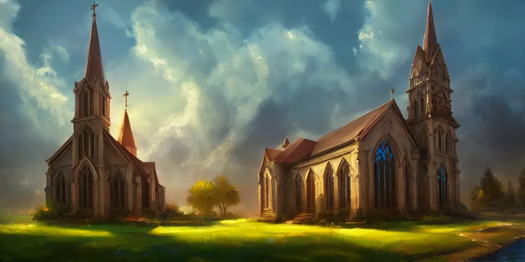 Prompt: a resplendent church in heaven, bright, oil painting of nature, beautiful concept art, trending on artstation