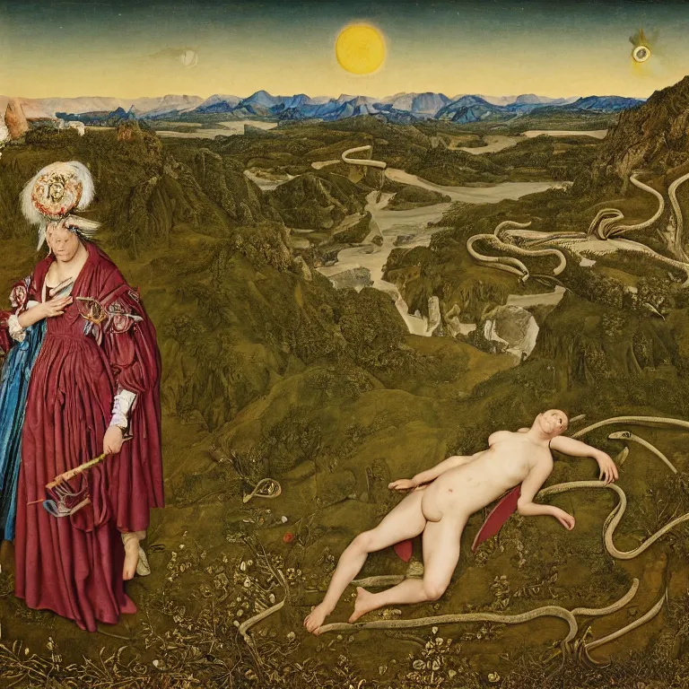 Prompt: a wide mountainous river valley with venus with snake skin and feathers holding up the sky while the stars look like flowers by jan van eyck, character, full body, max ernst, hans holbein, portrait, fashion editorial