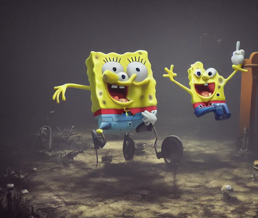 Prompt: SpongeBob, gloomy and foggy atmosphere, octane render, artstation trending, horror scene, highly detailded