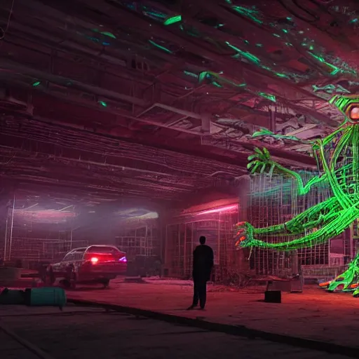 Image similar to epic scene of a large neon mechanical toad is being built by a team of people in a very creepy and dark warehouse, heaps of colored computer screens, glowing cables, dust, smoke, intricate details, ultra - realistic, 8 k, octane render, hyper realism