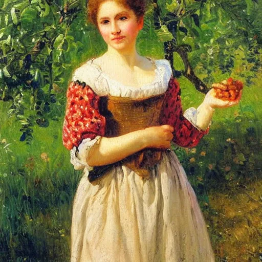 Prompt: portrait of a young woman outside in an orchard, painted by nikolay makovsky, detailed