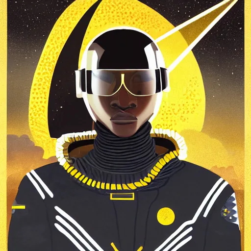 Prompt: Portrait of a sci-fi space starfighter pilot aviator, young Jacob Keyes, african, black man, golden armor uniform, military ribbons medals and insignia, fullbody, shadows, symmetrical, in the style of Mike Mignola and Duncan Fegredo and Simon Stalenhag and Jim Burns, dramatic light, moody