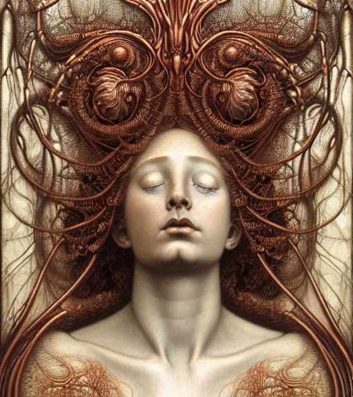 Prompt: detailed realistic beautiful copper goddess face portrait by jean delville, gustave dore, iris van herpen and marco mazzoni, art forms of nature by ernst haeckel, art nouveau, symbolist, visionary, gothic, neo - gothic, pre - raphaelite, fractal lace, intricate alien botanicals, biodiversity, surreality, hyperdetailed ultrasharp octane render